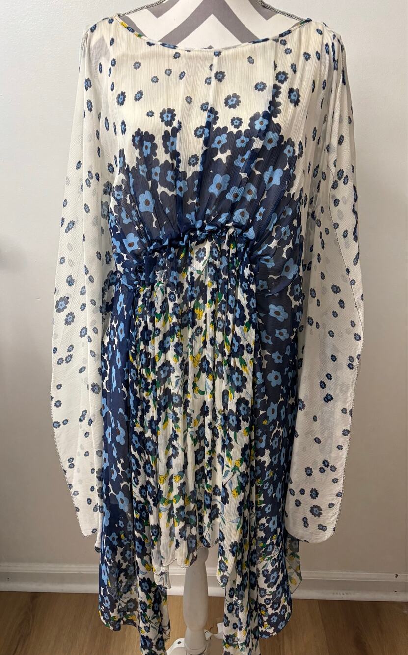 Diane von Furstenberg DVF Silk Floral Kaftan Mini Dress Blue White Size 8 Cape